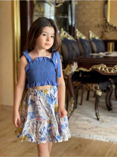 \"Hilal Akıncı Kids' Blue Patterned Blouse & Loose Skirt Set VK0041\"