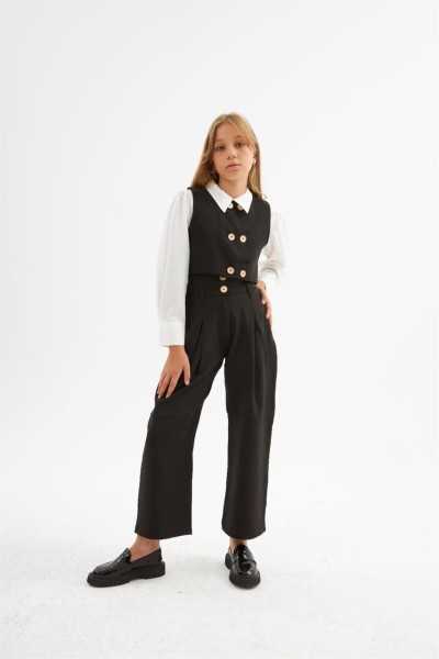 \"Hilal Akıncı Elegant 3-Piece Set for Girls: Gold-Button Vest, Wide-Leg Pants and White Shirt - HA-265\"