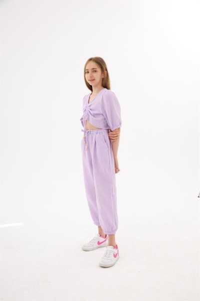 \"Hilal Akinci Girls' 2-Piece Set: Detailed Stick Blouse & Elastic Waist Harem Pants - HA-200\"