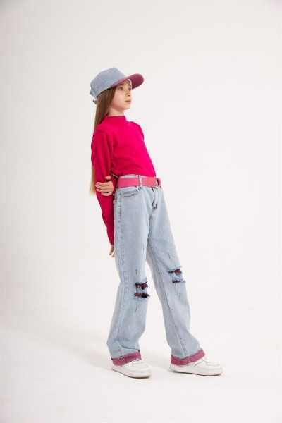 \"Hilal Akıncı Girls' 4-Piece Outfit Set: Plain Knit Sweater, Large Leg Jeans, Colorful Belt & Hat - HA-110\"