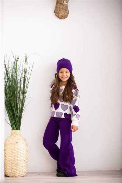 \"Hilal Akıncı Heart-Embellished 3-Piece Sweater and Knit Pants Set for Girls\"