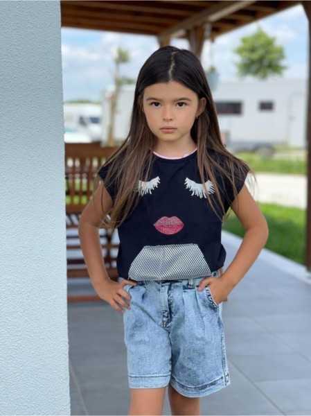 \"Hilal Akıncı Girls' Ensemble Set with Pocket Detail Blouse and Mom Jeans Shorts 1181\"