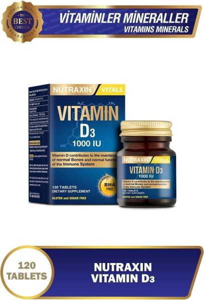 الغذاء المكمل الذي يحتوي على فيتامين D3 (Nutraxin Vitals) 1000 ((25MCG) 120 Tablet 8680512613152