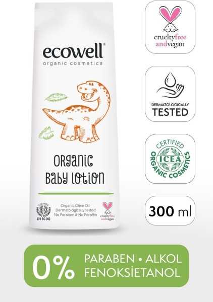 Ecowell Organik Bebek Losyonu, Yüz Ve Vücut, Vegan Sertifikalı, Doğal Nemlendirici Bebe Kremi, 300 ml 8680624091572