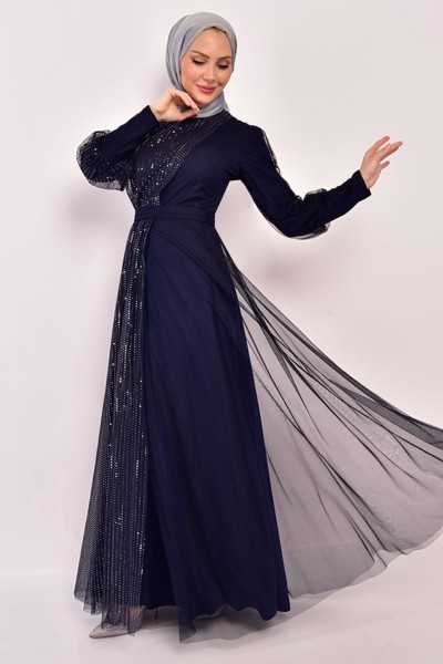 ModaMerve Tulle Evening Dress Navy Blue Asm2457