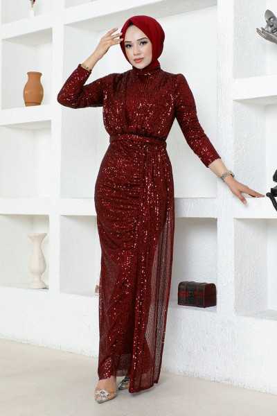 ModaMerve Sequin Evening Dresses END5582 Burgundy