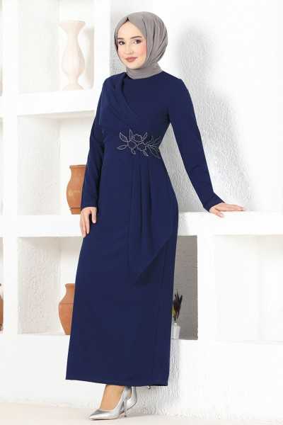 ModaMerve Stone Detail Evening Dress Navy Blue ASM2580