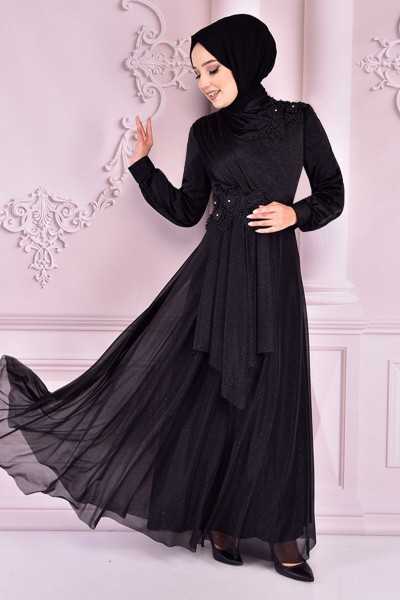 ModaMerve Guipure Detail Glitter Evening Dress Black Asm10022