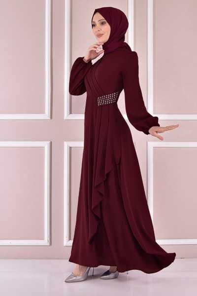 ModaMerve Stone Detail Dress Bordeaux Asm2507