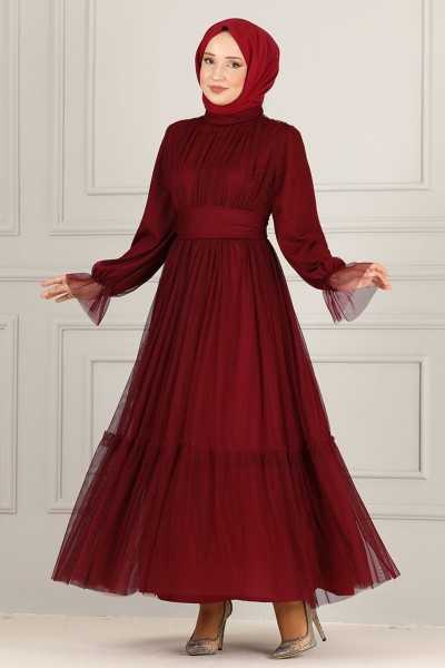 ModaMerve Belted Chiffon Evening Dresses END5521 Burgundy