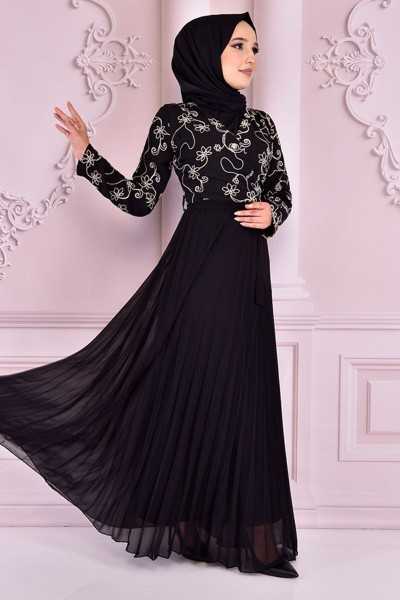 ModaMerve Pleated Chiffon Evening Dress Black Nev14706