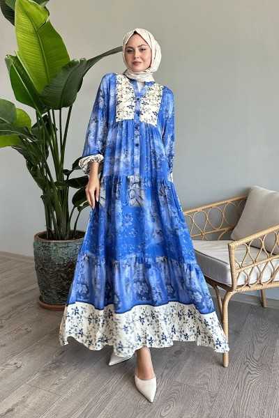 InStyle Crispy Floral Detail Blue Viscose Dress MS00UM05