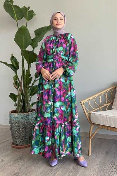 InStyle Floral Colorful Green Belted Viscose Dress MS00UM20