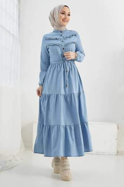 InStyle Felen Ruffle Detailed Denim Hijab Dress - Light Blue MS00OR3823