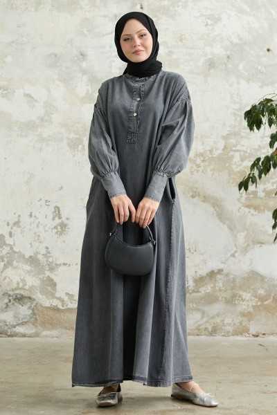 InStyle Buttoned Grey Denim Dress with Sleeve End Cuffs MS00ANT2332