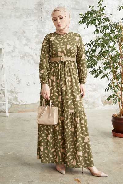 InStyle Rena Straw Belted Patterned Dress - Khaki MS00AN00081