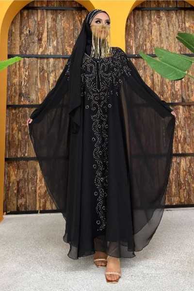 TRENDHIJAB Women's Black Embroidered Tulle Double Abaya Set T 6773 23YFRCTR6773