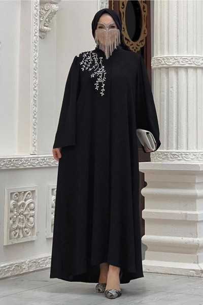 TRENDHIJAB Women's Black Stone Embroidered Abaya T 5087 23YFRCTR5087