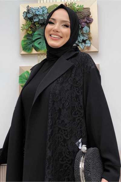 TRENDTEHIJAB WOMEN'S BLACK LACE ABAYA T 0387 24YFRCTR0387