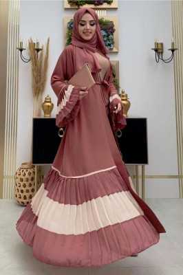 TRENDTESETTÜR KADIN PEMBE (GÜLKURUSU) PİLİSE DETAYLI VOLANLI ABAYA T 4547 23YFRCTR4547