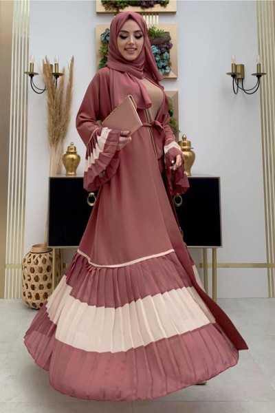 TRENDTEHIJAB WOMEN'S PINK (ROSE) PLEATED DETAILED FLOUNCED ABAYA T 4547 23YFRCTR4547