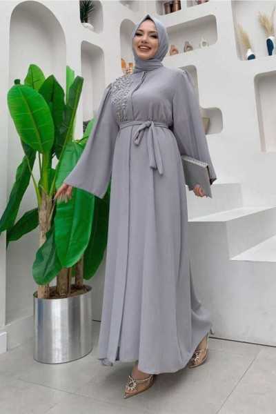 TRENDHIJAB Women's Grey Stone Embroidered Abaya T 5087 23YFRCTR5087