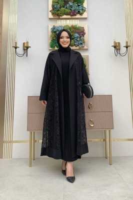 Bym Fashion Yakalı Dantel Güpür Detay Abaya 7830 Siyah 9221