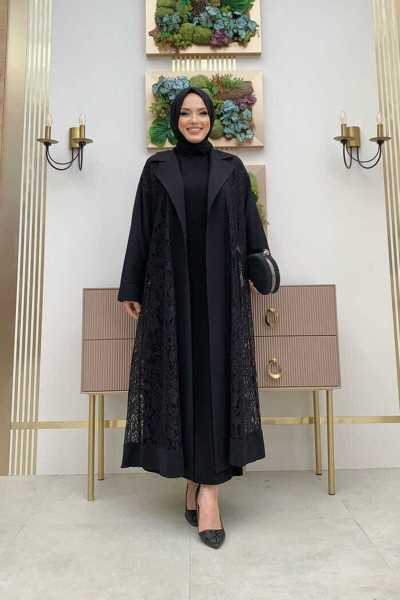 Bym Fashion Collar Lace Guipure Detail Abaya 7830 Black 9221