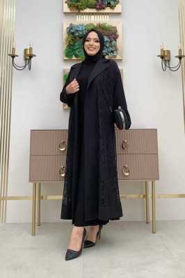 Bym Fashion Yakalı Dantel Güpür Detay Abaya 7830 Siyah 9221