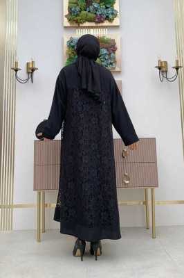 Bym Fashion Yakalı Dantel Güpür Detay Abaya 7830 Siyah 9221