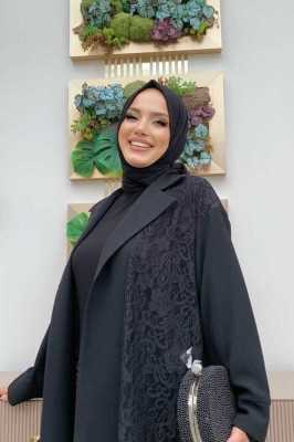 Bym Fashion Yakalı Dantel Güpür Detay Abaya 7830 Siyah 9221