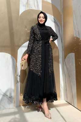 Bym Fashion Tül İşleme Detay Pul Payetli Abaya 7376 Gold 786