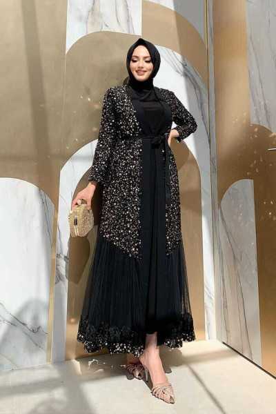 Bym Fashion Tulle Embroidery Detail Sequined Abaya 7376 Gold 786