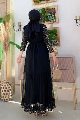 Bym Fashion Tül İşleme Detay Pul Payetli Abaya 7376 Gold 786