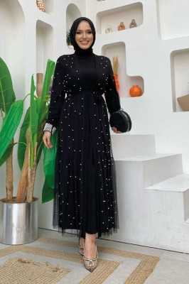 Bym Fashion İncili Abaya Ve Elbise Takım 8491 Siyah