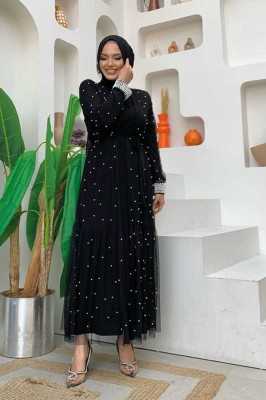 Bym Fashion İncili Abaya Ve Elbise Takım 8491 Siyah