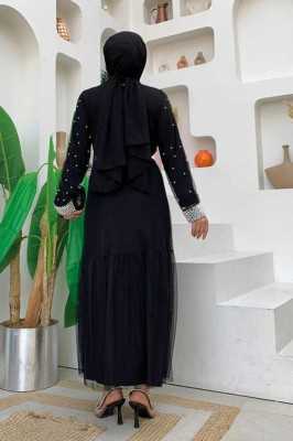 Bym Fashion İncili Abaya Ve Elbise Takım 8491 Siyah