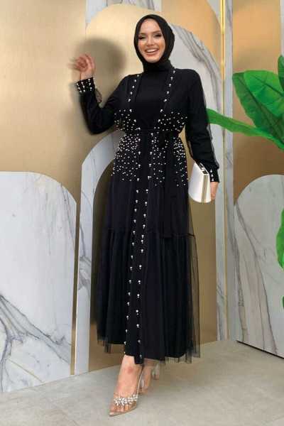 Bym Fashion Pearl Detailed Tulle Abaya Dress Set 8488 Black