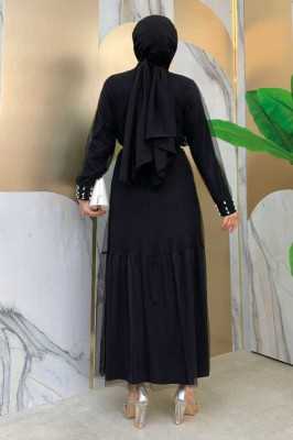 Bym Fashion İnci Detaylı Tül Abaya Elbiseli Takım 8488 Siyah