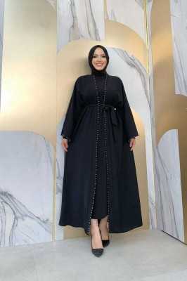 Bym Fashion 7833 inci detay kuşaklı abaya Siyah 9234