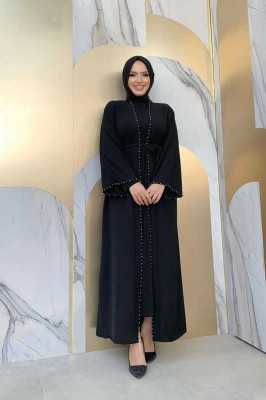 Bym Fashion 7833 inci detay kuşaklı abaya Siyah 9234