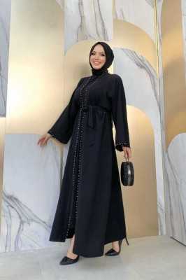 Bym Fashion 7833 inci detay kuşaklı abaya Siyah 9234