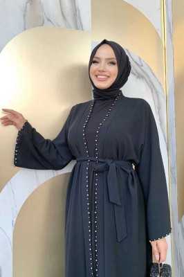 Bym Fashion 7833 inci detay kuşaklı abaya Siyah 9234