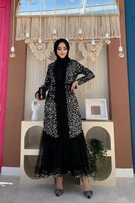 Bym Fashion Tül İşleme Detay Pul Payetli Abaya 7376 Gümüş 785