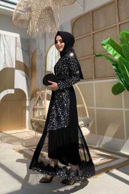 Bym Fashion Tül İşleme Detay Pul Payetli Abaya 7376 Gümüş 785