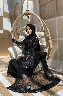 Bym Fashion Tül İşleme Detay Pul Payetli Abaya 7376 Gümüş 785