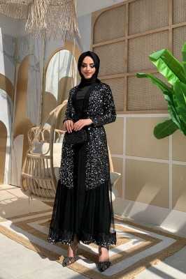 Bym Fashion Tül İşleme Detay Pul Payetli Abaya 7376 Gümüş 785