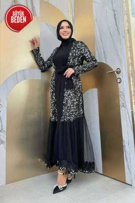 Bym Fashion Büyük Beden Tül İşleme Detay Pul Payetli Abaya 7376-1 Gümüş Bym.000953-953