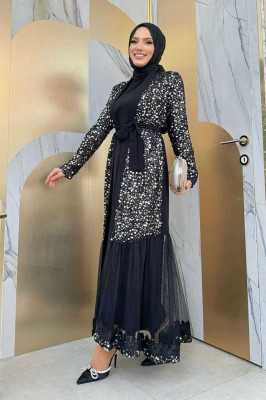 Bym Fashion Büyük Beden Tül İşleme Detay Pul Payetli Abaya 7376-1 Gümüş Bym.000953-953