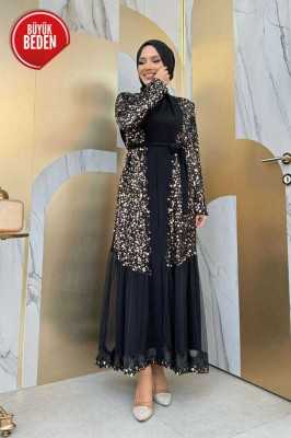 Bym Fashion Büyük Beden Tül İşleme Detay Pul Payetli Abaya 7376-1 Gümüş Bym.000953-953